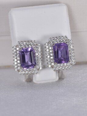 Natural Double Halo Amethyst Hoop Earrings 925 Sterling Silver